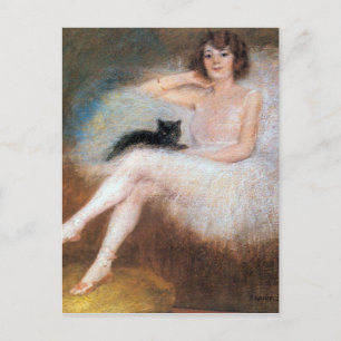 Ballerina with Black Cat, Pierre Carrier-Belleuse Postcard