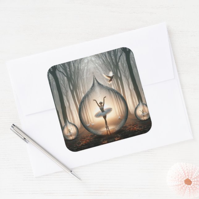 Ballerinas dancing in water drops in forest square sticker (Envelope)