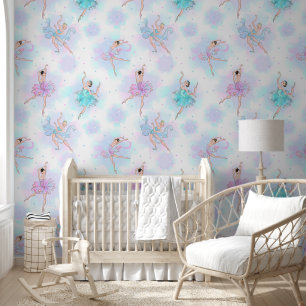 Ballerinas on blue, lilac and white wallpaper