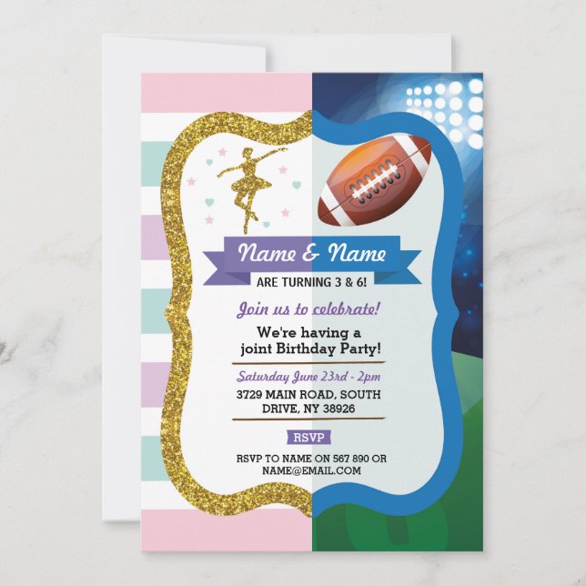 Ballet & American Football Joint Birthday Sports Invitation (Front)