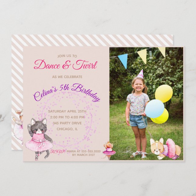 Ballet Animals Photo Birthday Party Invitation (Front/Back)