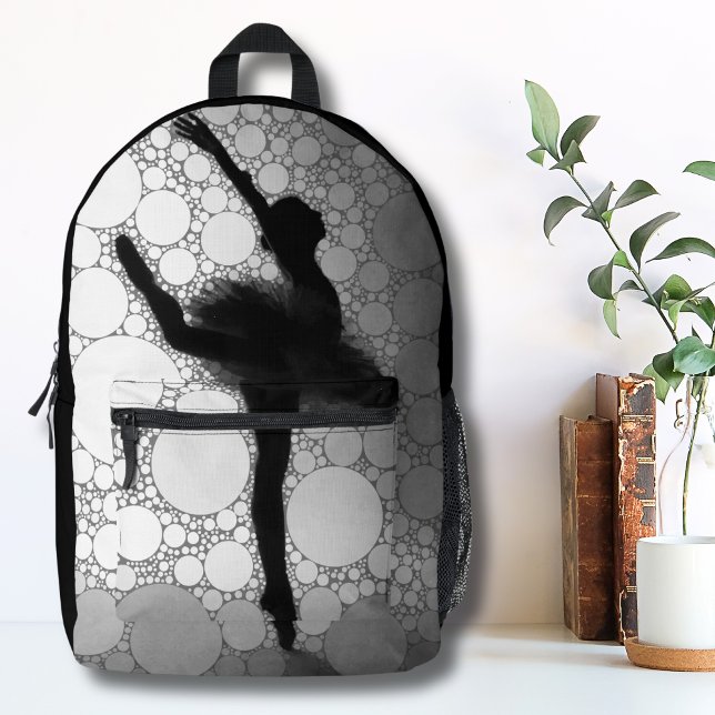 Ballet Black White Ballerina Printed Backpack (Cute Ombre Abstract Black White Dancing Ballerina Printed Backpack)