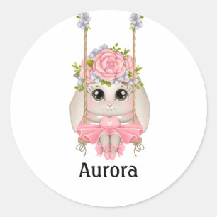 Ballet Bunny on Swing with Flowers Classic Round S Sticker