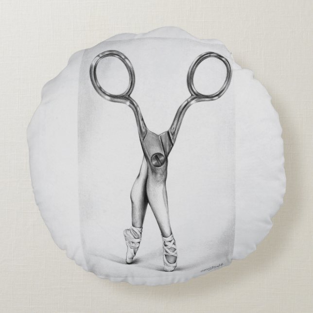Ballet dance Scissors Ballerina Surreal drawing Round Cushion (Back)