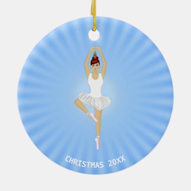 Ballet dancer dressed in white on light blue ceramic tree decoration (Back)