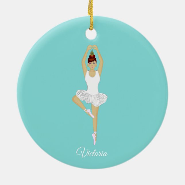 Ballet dancer dressed in white on teal turquoise ceramic tree decoration (Back)