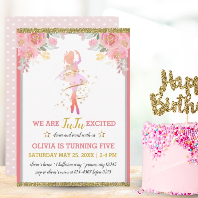 Ballet Dancer Pink Floral Girl Birthday Party Invitation (Ballet Dancer Pink Floral Girl Birthday Party Invitation)