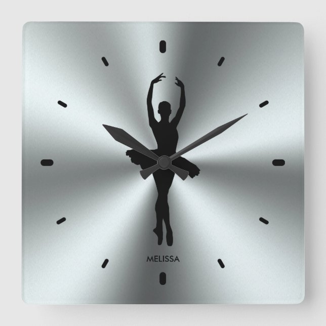  Ballet Dancer Silhouette On Stainless Steel Square Wall Clock (Front)