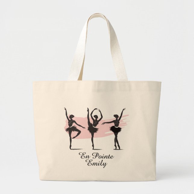 Ballet Dancers Silhouette on Pink Brush Stroke Large Tote Bag (Front)