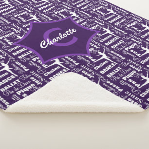 Ballet Dancing Cute Purple White Girly Monogrammed Sherpa Blanket