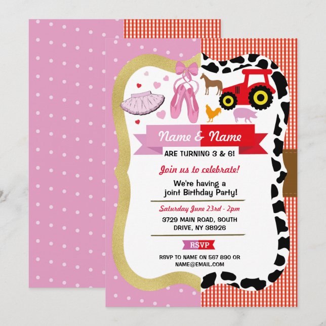 Ballet & Farm Joint Boy Girl Birthday Pink Horse Invitation (Front/Back)