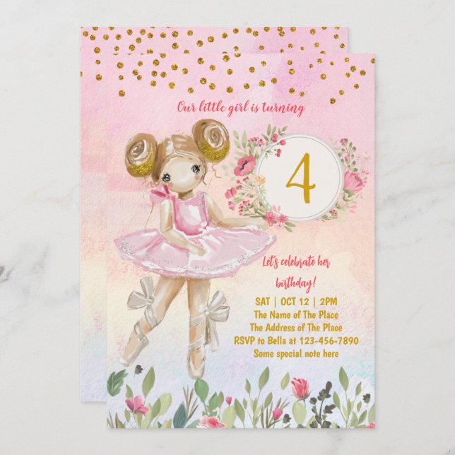 Ballet Girl Pink Birthday Party Invitation (Front/Back)