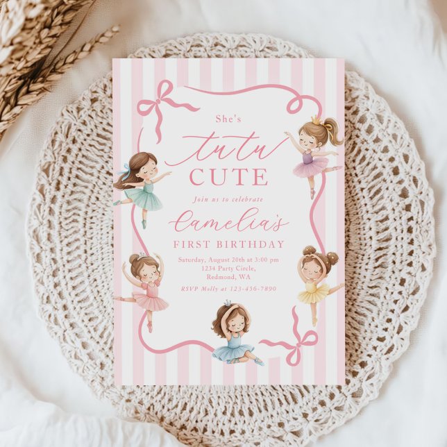 Ballet Pink Girls Bow Tutu Ballerina 1st Birthday Invitation (Creator Uploaded)