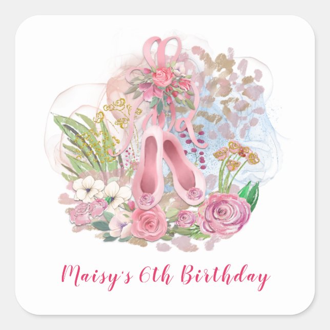 Ballet Shoes Flowers Pink Girl 6th Birthday Party Square Sticker (Front)