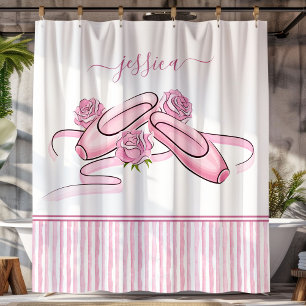 Ballet Shoes Pink and White Watercolor Stripes  Shower Curtain