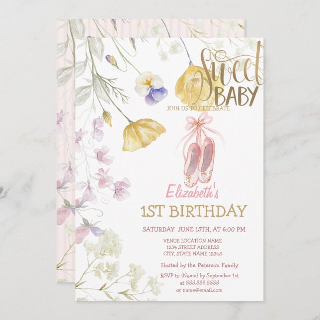  Ballet Shoes Stripe Wildflowers Birthday  Invitation (Front/Back)