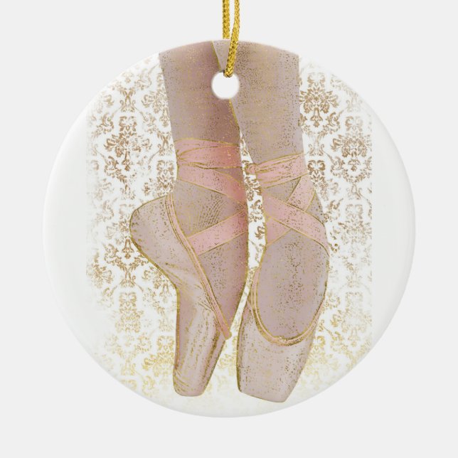 Ballet Toe Shoes - Pink Gold White Ceramic Tree Decoration (Front)