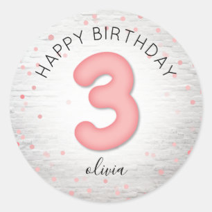 Ballon 3rd Birthday Brick Pink Confetti Classic Round Sticker