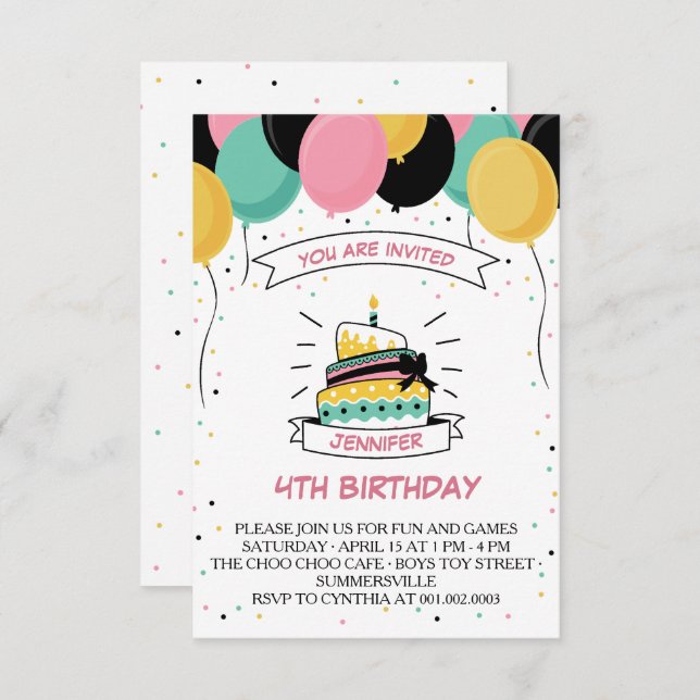 BALLON CAKE CANDLE KID'S BIRTHDAY PARTY INVITATION (Front/Back)