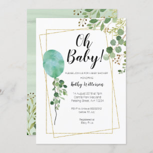 Ballon Watercolor Greenery oh baby shower Invitation