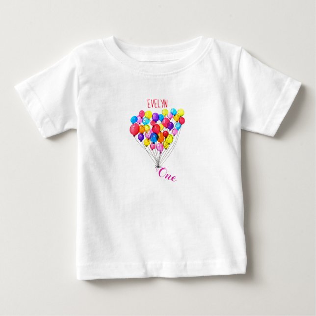 BALLOON 1st Birthday Personalised One Painted Pink Baby T-Shirt (Front)