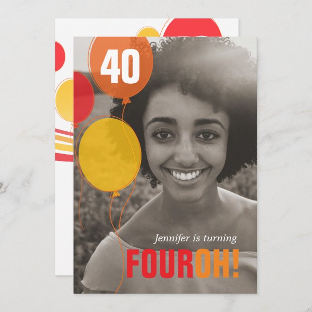 Balloon 40th FOUROH! photo birthday invitations (Front/Back)