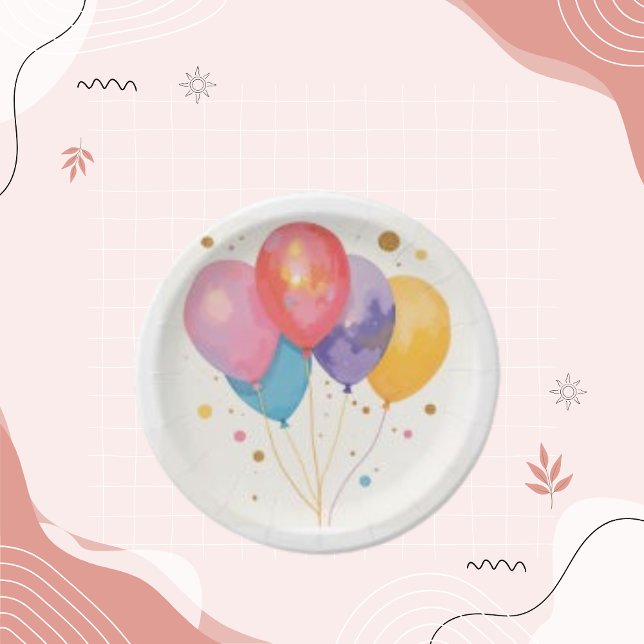 Balloon and Bubbles Watercolor Colourful Art  Paper Plate (Creator Uploaded)