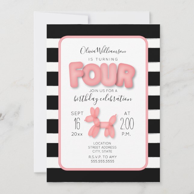 Balloon Animal Black + White Pink 4th Birthday Invitation (Front)
