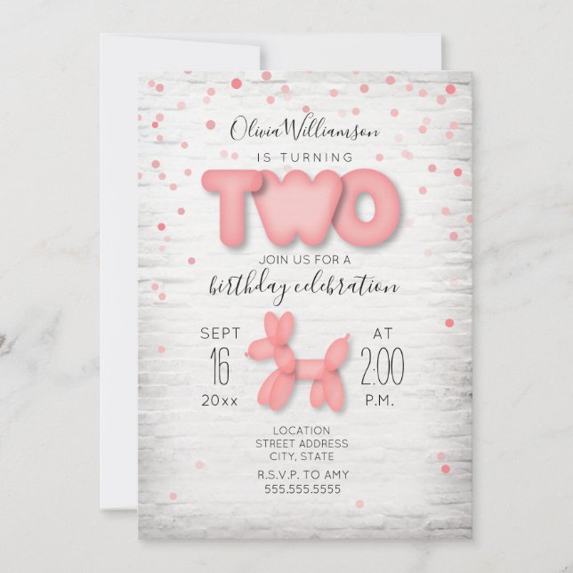 Balloon Animal Brick Confetti Pink 2nd Birthday Invitation (Front)