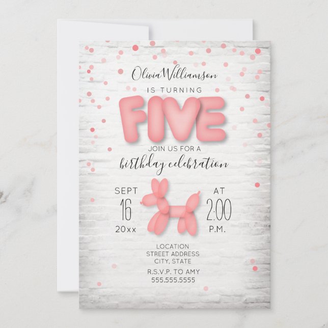 Balloon Animal Brick Confetti Pink 5th Birthday Invitation (Front)