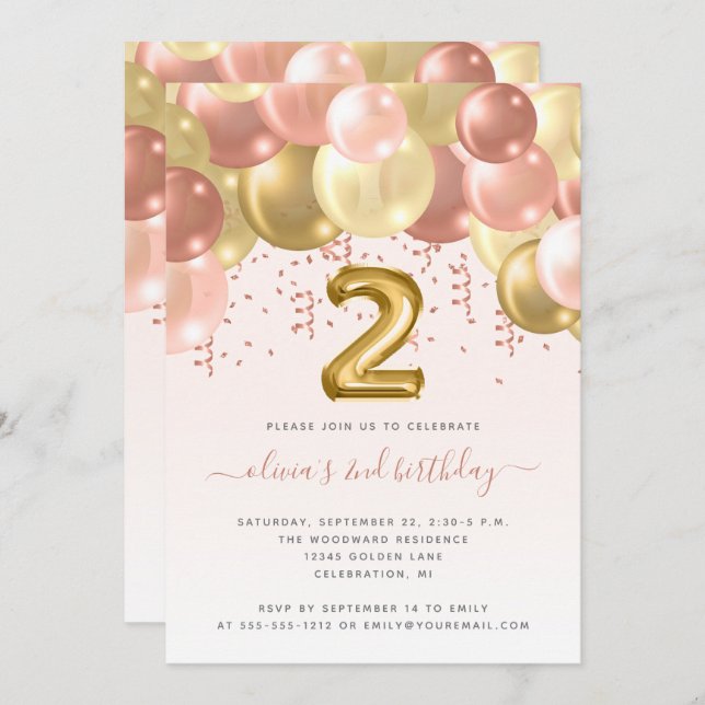 Balloon Arch Blush Gold Girls 2nd Birthday Party Invitation (Front/Back)