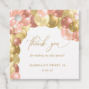 Balloon Arch Pink and Gold Sweet 16 Thank You Favour Tags