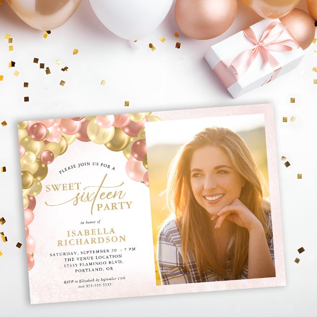Balloon Arch Pink & Gold Photo Sweet 16 Party Invitation (Creator Uploaded)