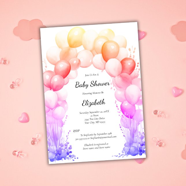  Balloon Arch Rainbow Colours Baby Girl Baby Showe Invitation (Baby Girl Baby Shower Invitation Balloon Arch Pink Yellow Orange Red Rainbow Colors)