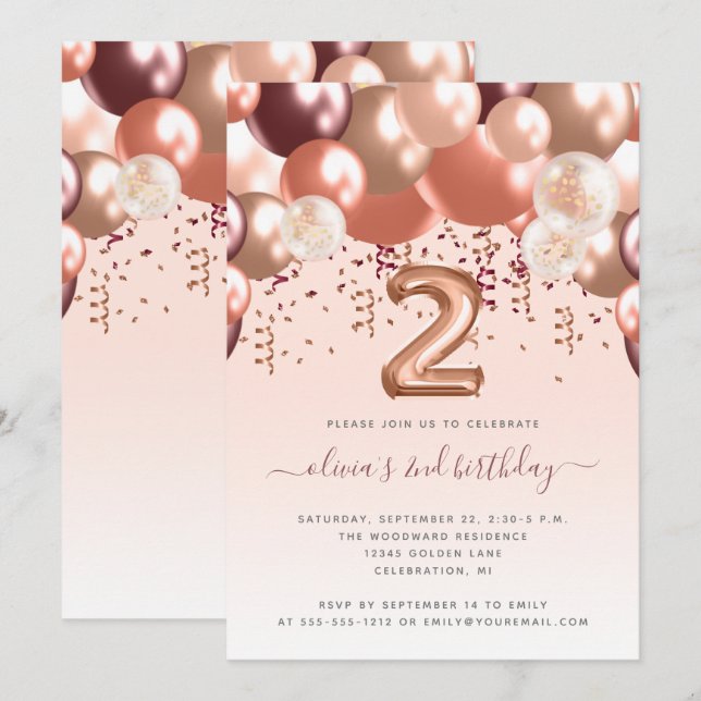 Balloon Arch Rose Gold Burgundy 2nd Birthday Party Invitation (Front/Back)