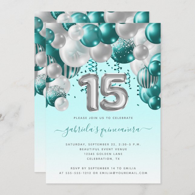 Balloon Arch Teal Silver Quinceañera Invitation (Front/Back)