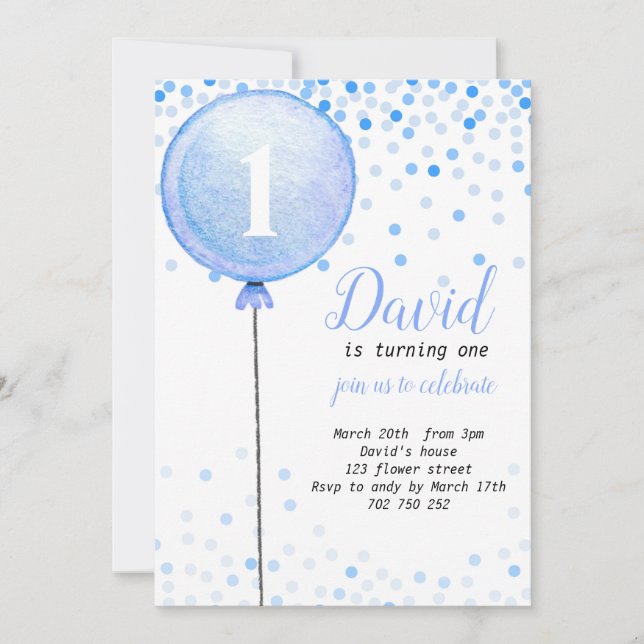 Balloon Baby Boy 1st Birthday First Confetti Invitation (Front)