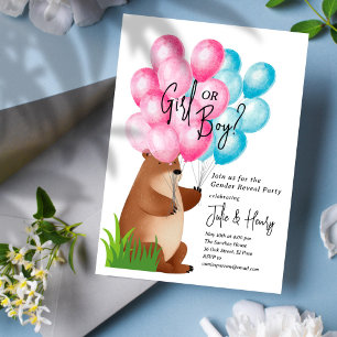 Balloon Bear Gender Reveal Party Invitation