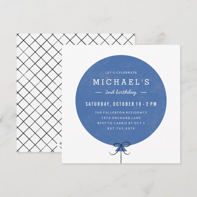 Balloon Birthday Invitation - Cobalt (Front/Back)