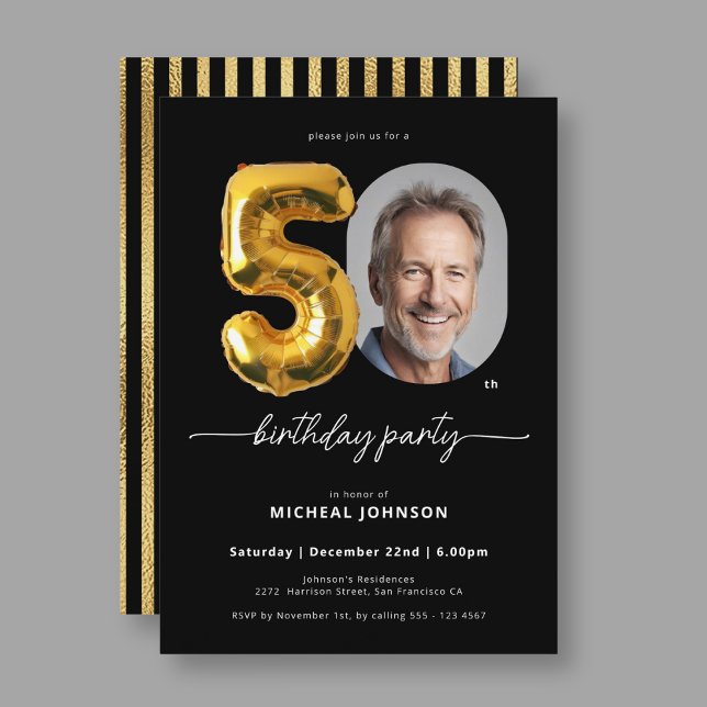 Balloon Black Gold 50th Birthday Invitation (Black Gold Balloon 50th Birthday Invitation)