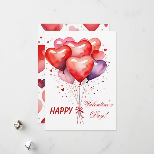 Balloon Bouquet Red and Pink Hearts  Holiday Card (Front/Back In Situ)