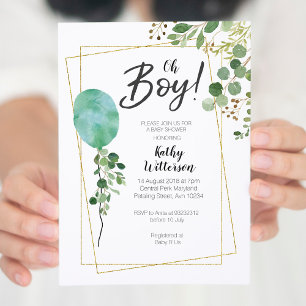Balloon Boy Watercolor Greenery baby shower Invitation