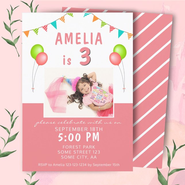 Balloon Bunting Flag Pink Photo Birthday Party Invitation (Creator Uploaded)