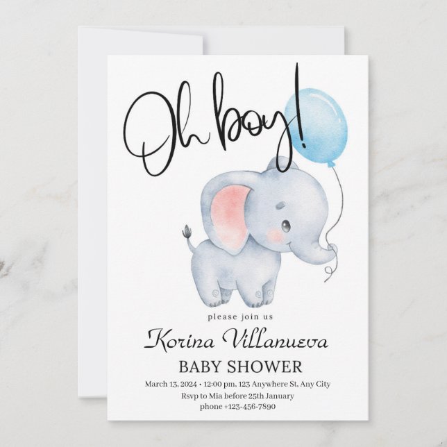 balloon cute elephant baby shower invitation (Front)