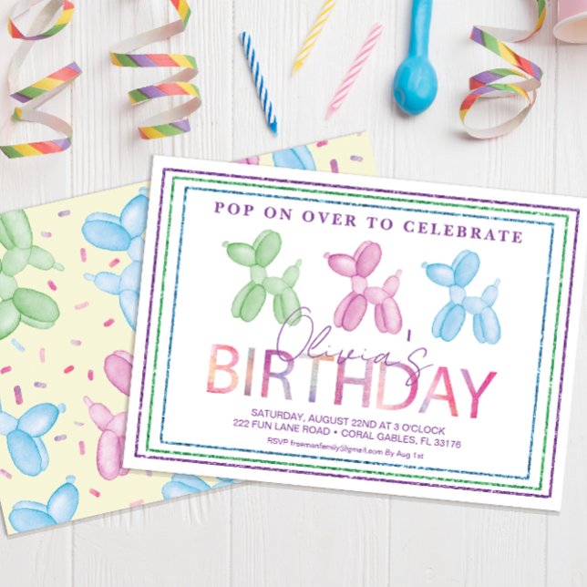 Balloon Dog Pop-On-Over Birthday Invitation (pastel modern typography birthday party invitation)