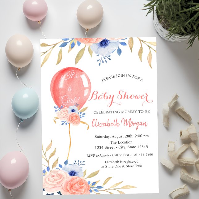 Balloon Flowers Polka Dots Baby Shower Invitation (Creator Uploaded)
