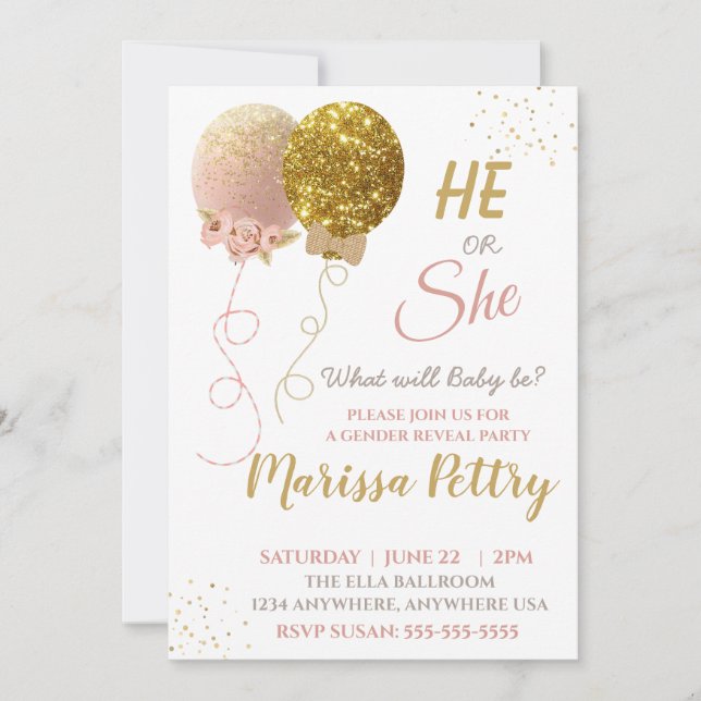 Balloon gender reveal party invitation, Glitter Invitation (Front)