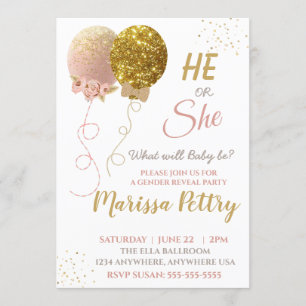 Balloon gender reveal party invitation, Glitter Invitation