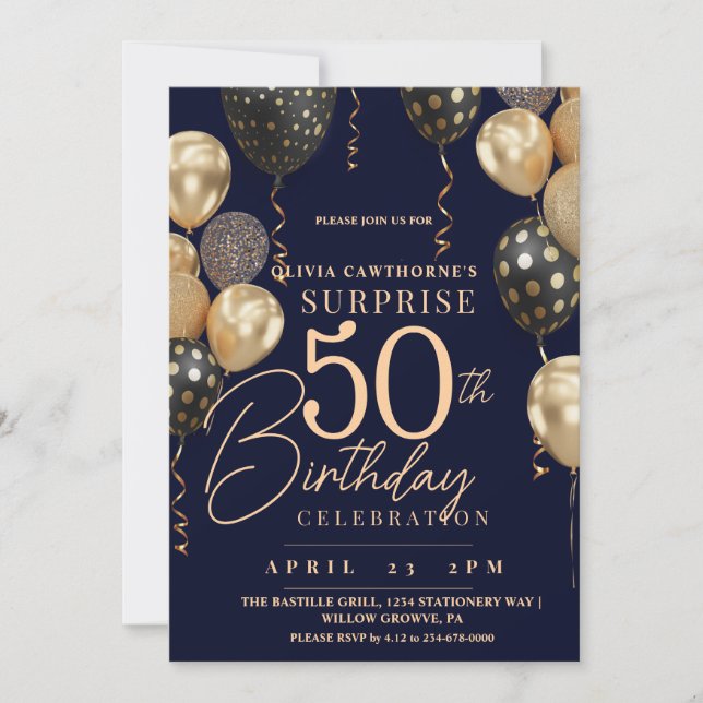 Balloon Gold & Blue 50th Photo Birthday Invitation (Front)