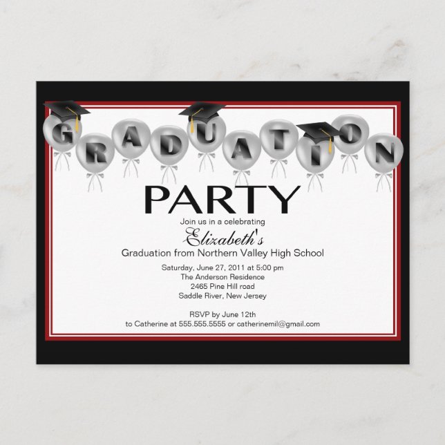 Balloon Graduation Party Invitation Black Grad Cap (Front)